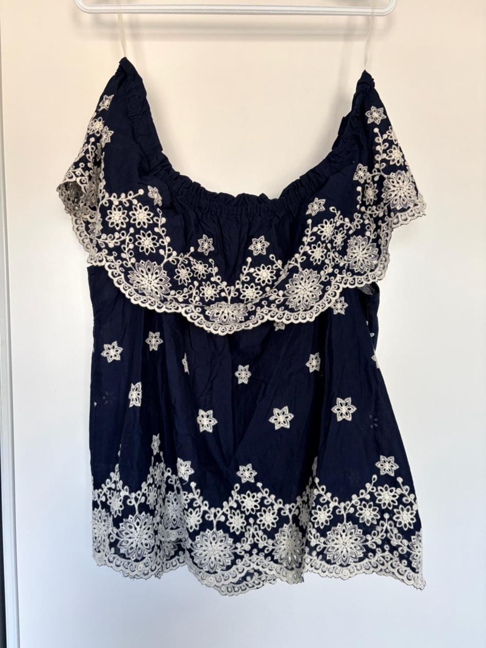 Maurices Navy Off-Shoulder Top with White Floral Embroidery